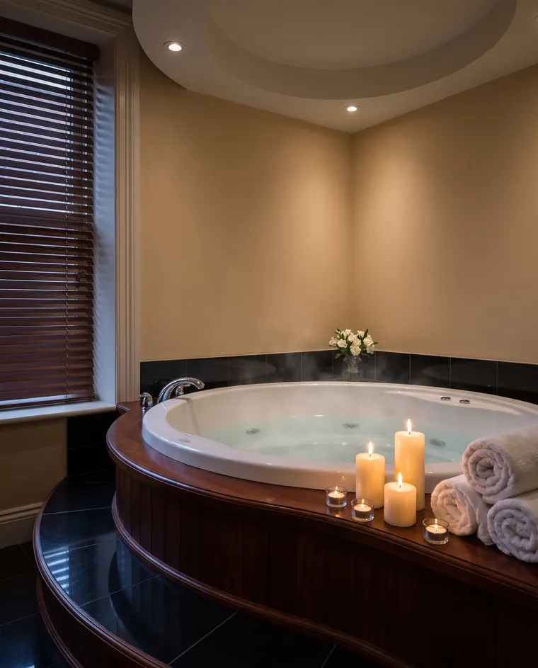 Candlelit jetted tub in a Temple Gardens suite