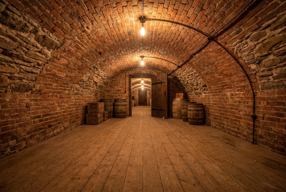 Red-brick tunnel lit by bare bulbs